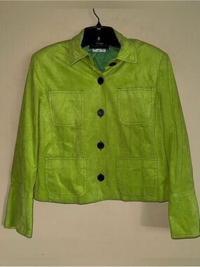 Vintage Lime Green Suede Boxy Utility Cropped Jacket Size M